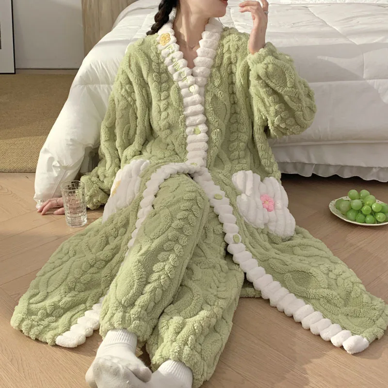 Winter Jacquard Flannel Robes Women's Long Bathrobe Thickened Warm  Sleepwear Sweet Sexy Home Clothes Dressing Gowns With Pants - AliExpress  200574005