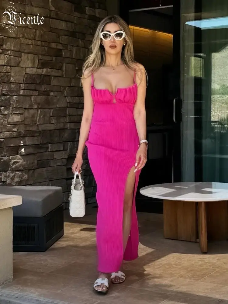 VC Women’s Hot Pink Ribbed Bodycon Maxi Dress – Spaghetti Strap Cut-Out High Side Slit Party Vacation Dress Knitted Long Dresses