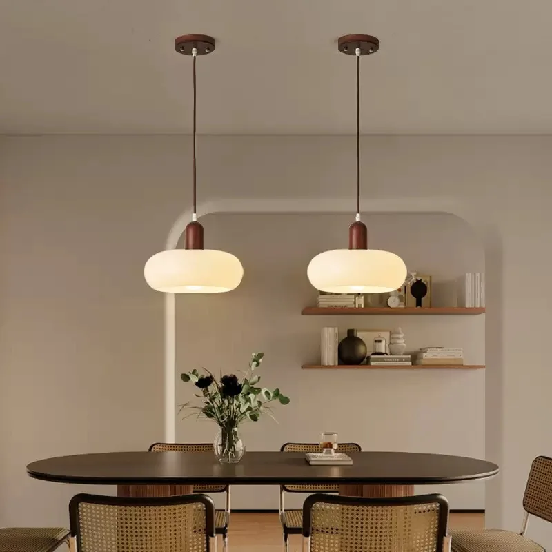 Minimalist Wood Glass LED Pendant Light For Dining Room Resturant Hanging Lamp Chandelier Decor Bedroom Bedside Pendant Lamps