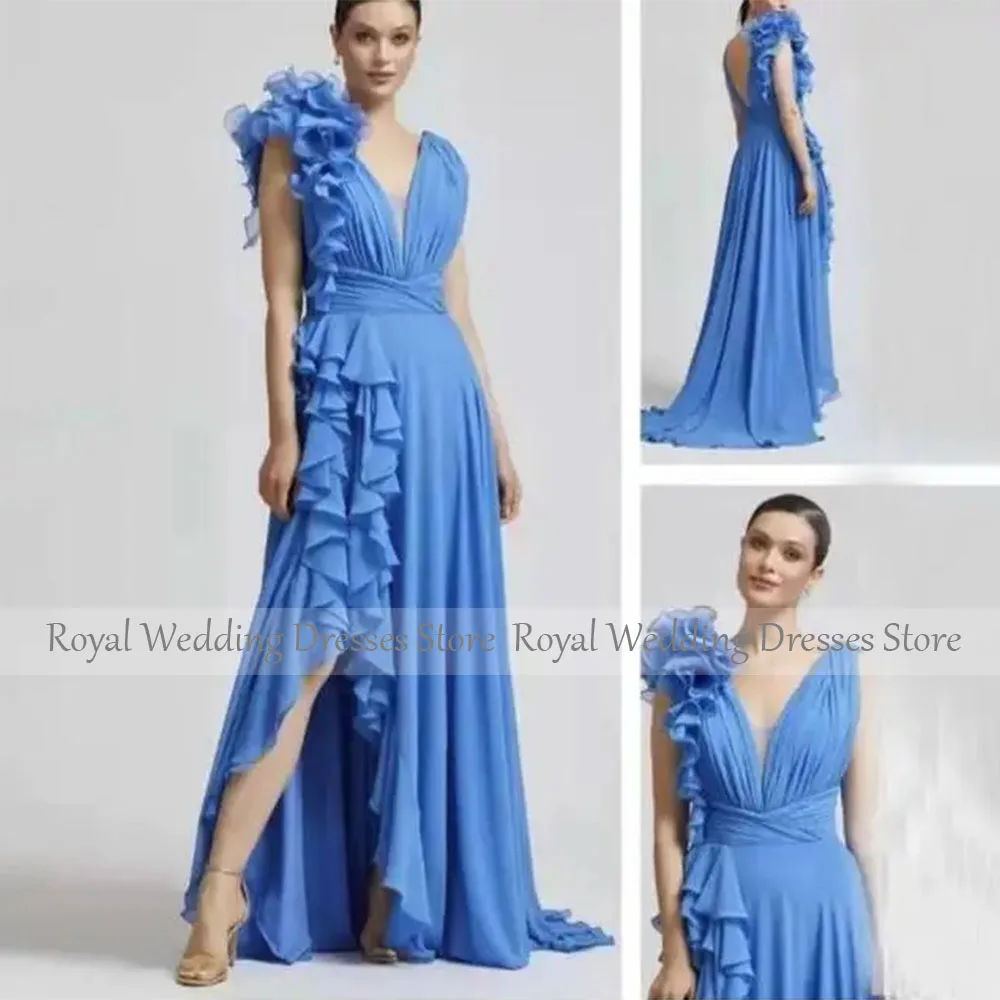 Vestido de noche elegante para mujer, gasa azul real, línea A, vestidos de fiesta formales, volantes largos, abertura lateral, cuello en V, vestidos de invitados de boda