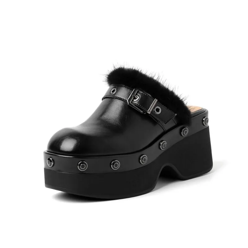 Punk Style Cowhide Rivet Metal Buckle Decorative Slippers 2023 New Women's Fashion Waterproof Platform 8cm Thick Heel Sandals