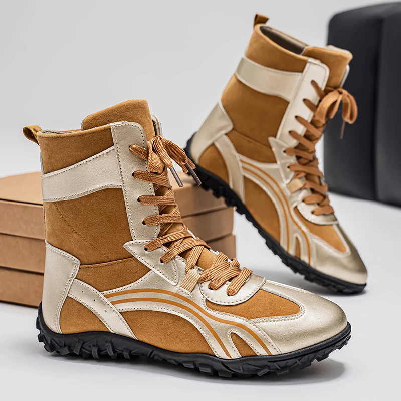 

Fashion Punk Motorcycle Boots Men Boots Winter High Heel Casual Lace-up Leather High Black Biker Solid Boot Military Men Shoes