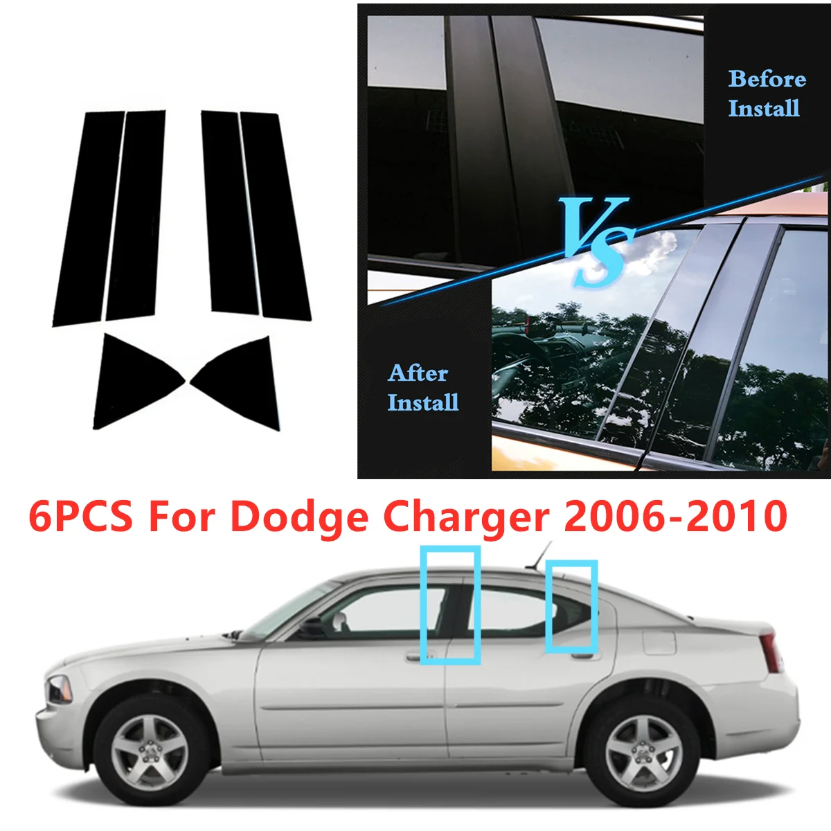 

6Pcs Glossy Black Door Window Trim Pillar Posts Pillar Molding Cover Fit For Dodge Charger 2006-2010