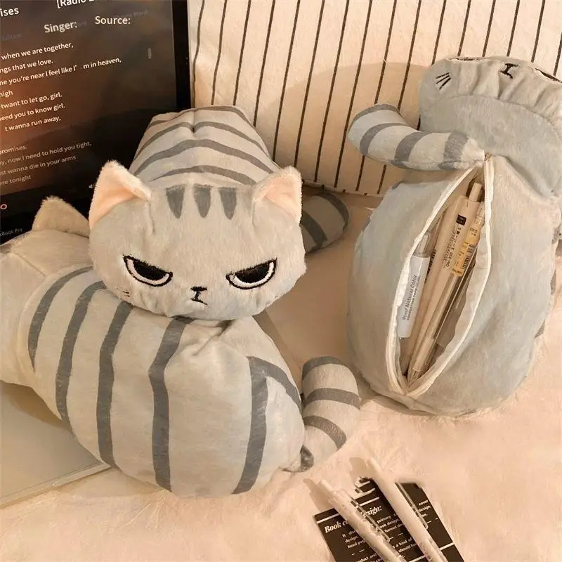[SU]Cat Pcute Cartooencil Case Cartoon Plush Pen Gray Kawaii Large Capacity Makeup Bag Portable Stationery Case Office Supplies