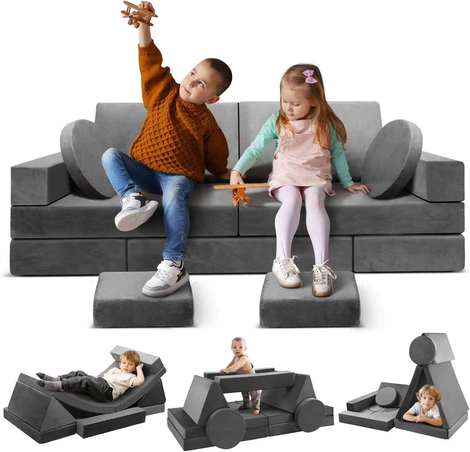 Modular Kids Play Couch, 18pcs Toddler Floor Sofa, Sectional Couch for Children, Fortplay Bedroom and Playroom Furniture