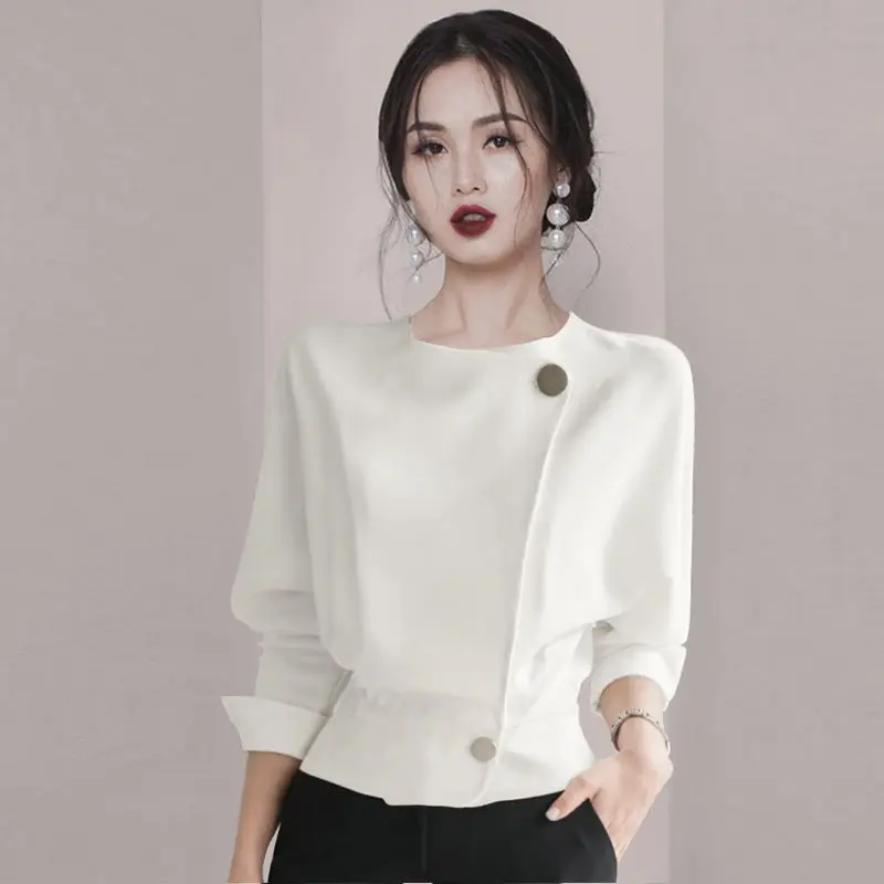 Elegant O-Neck Solid Color Button Spliced Loose Korean Shirt Women\'s Clothing 2022 Autumn New Casual Tops All-match Chic Blouse