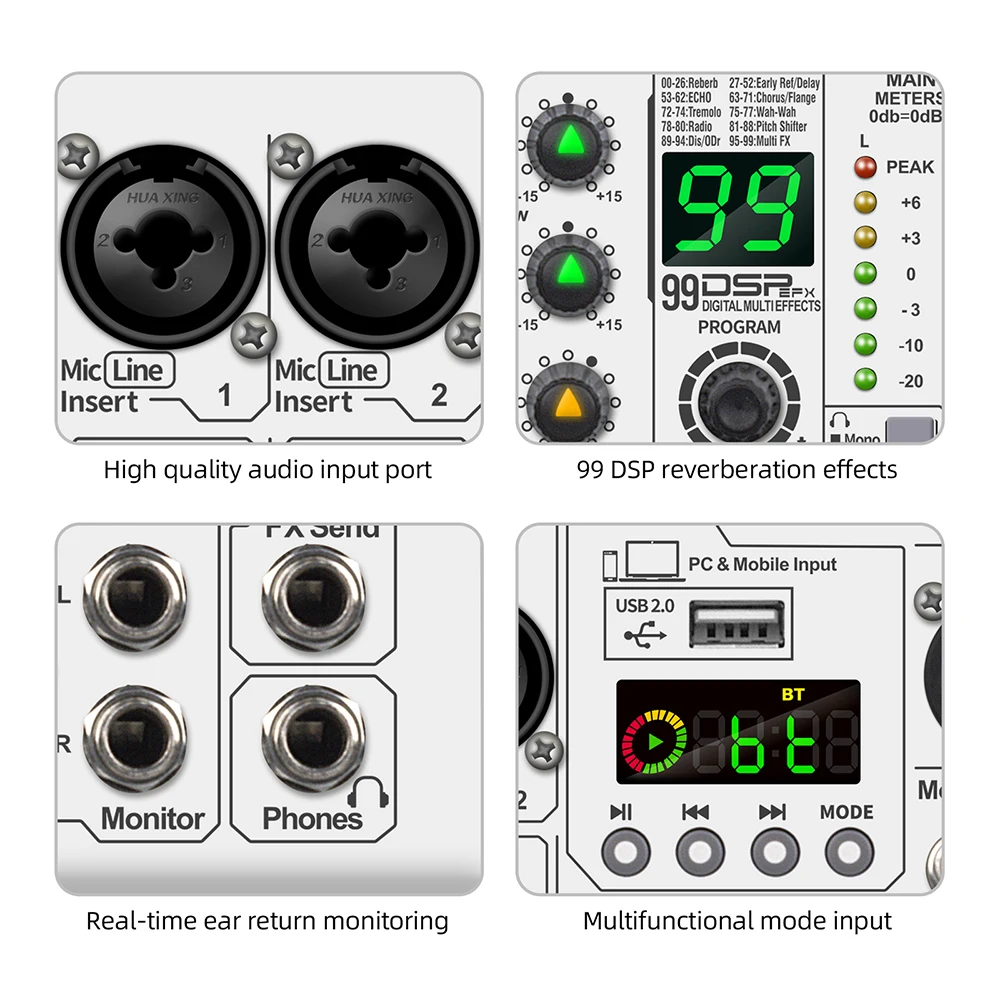 PRMX-6 Audiomixer mit 5,0 BT DJ-Konsole, 99 DSP-Effekten, tragbare Mischpult für Live-Performance, Aufnahmestudio – Detail 11