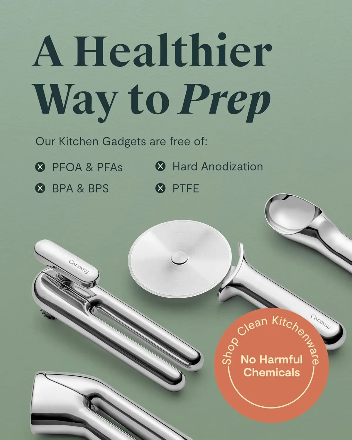 Kitchen Gadget Set - 5 Piece Kitchen Essentials Stainless Steel Includes Can Opener, Pizza Cutter, Garlic Press, Ice Cream