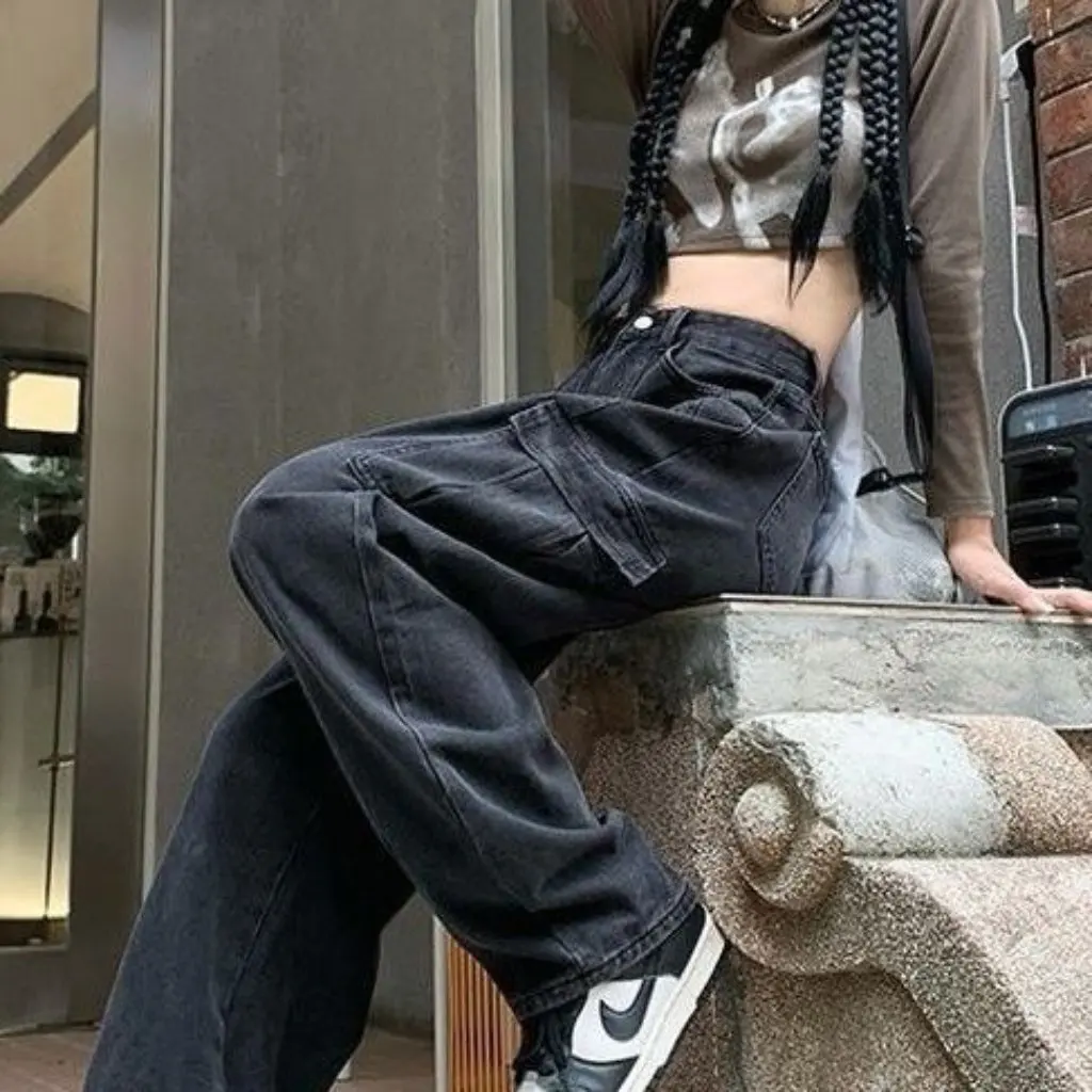 

Women's American Style High Waist Overalls Mop Jeans Black Grey Loose Slimming Wide Leg Straight Pants Trendy Autumn Wear