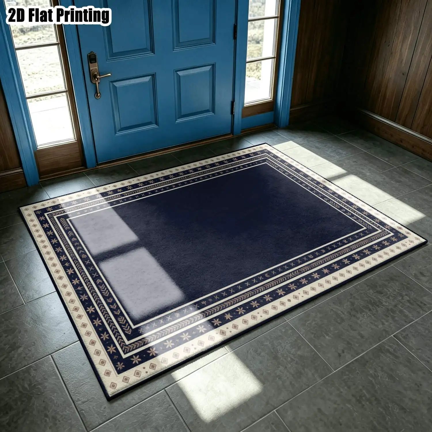 1Pc 2D Printed Carpet: Dark Blue Geometric Border, Nordic/Modern Minimalist/European Style, Ideal for Home Decor, Multiple Sizes, Machine Washable, Suitable for Entryway, Living Room, Bedroom, Dining Room, Study
