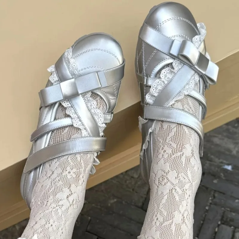 New Y2K Sweet Mary Jane Shoes Women Silver Lace Butterfly Knot Decor Soft Comfort Flat Ballet Daily Party Casual Footwear