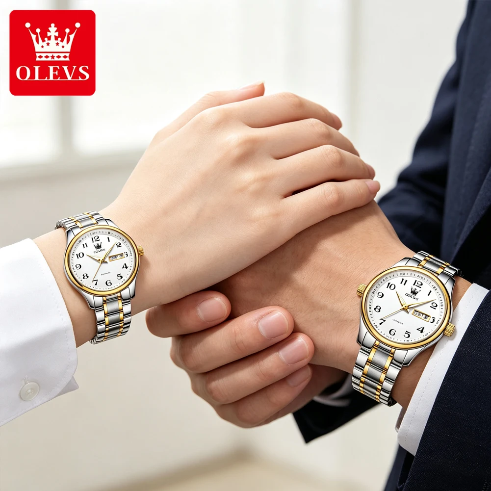 OLEVS Couple Watch Business Dress Female Ladies for Small Wrist Watch Stainless Steel Band Analog Simple Day Date Waterproof