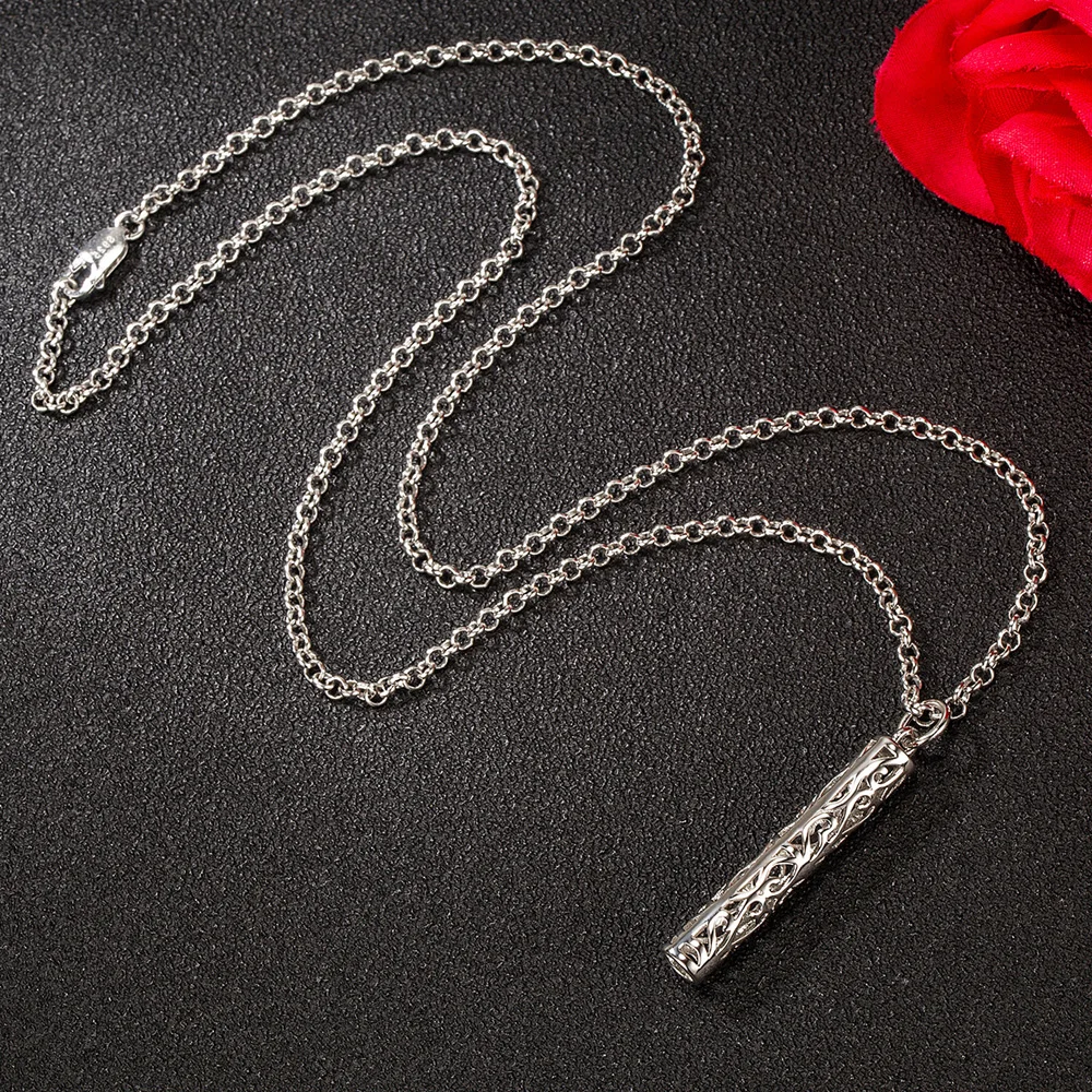 Vintage 925 Sterling Silver Necklace with Tribal Pattern Long Snake Chain Tube Pendant Trendy Fine Jewelry for Daily/Party Use