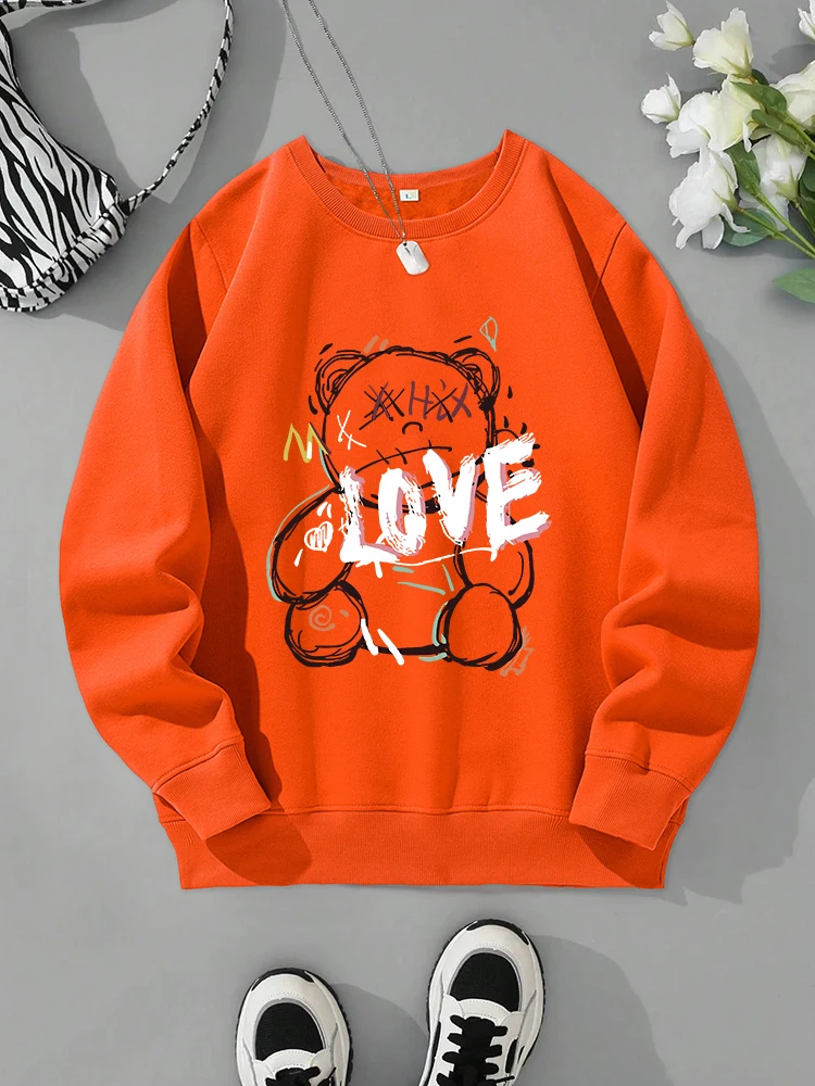 Sudadera con estampado de oso y dibujos de grafiti para hombre, chándal de lana cálido, Tops informales de moda, ropa básica con cuello redondo para otoño