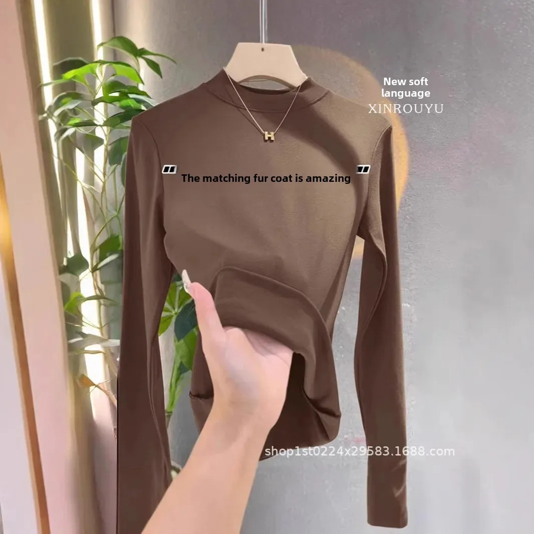 المرأة سميكة طويلة الأكمام قاعدة قميص نصف الياقة العالية على الوجهين المخملية ضيق تي شيرت مجسم الخريف الشتاء نمط جديد #1