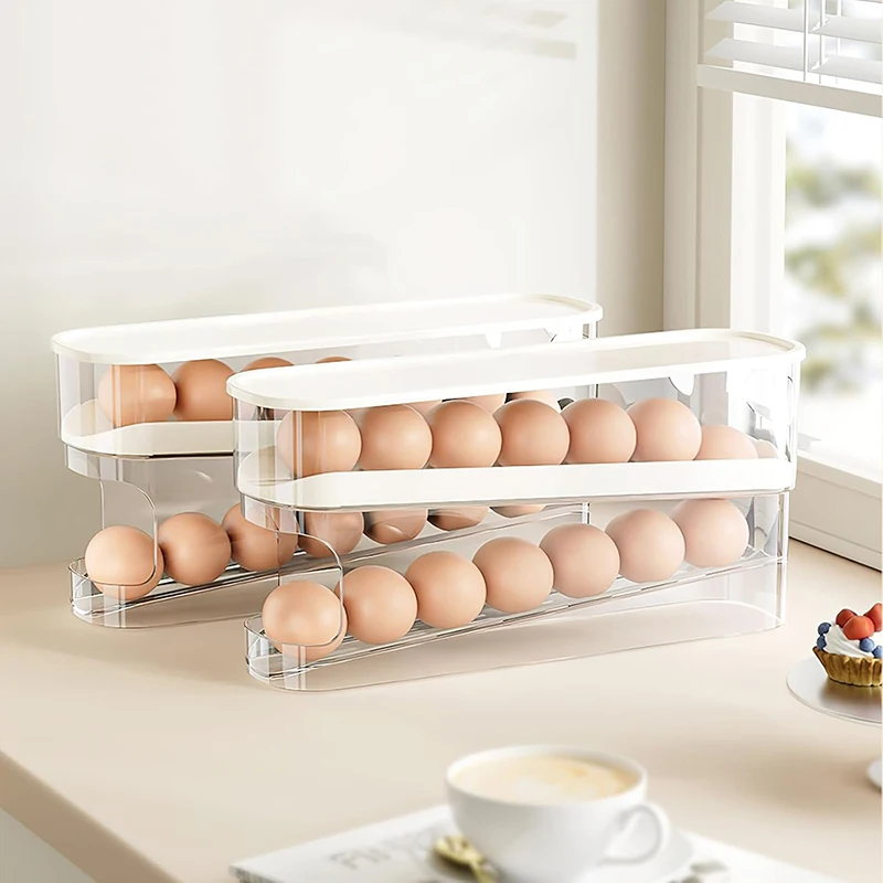 Caja de almacenamiento de huevos bicapa para nevera, caja de almacenamiento de huevos, desplazamiento automático, soporte para huevos, organizador, bandeja para huevos, dispensador de huevos