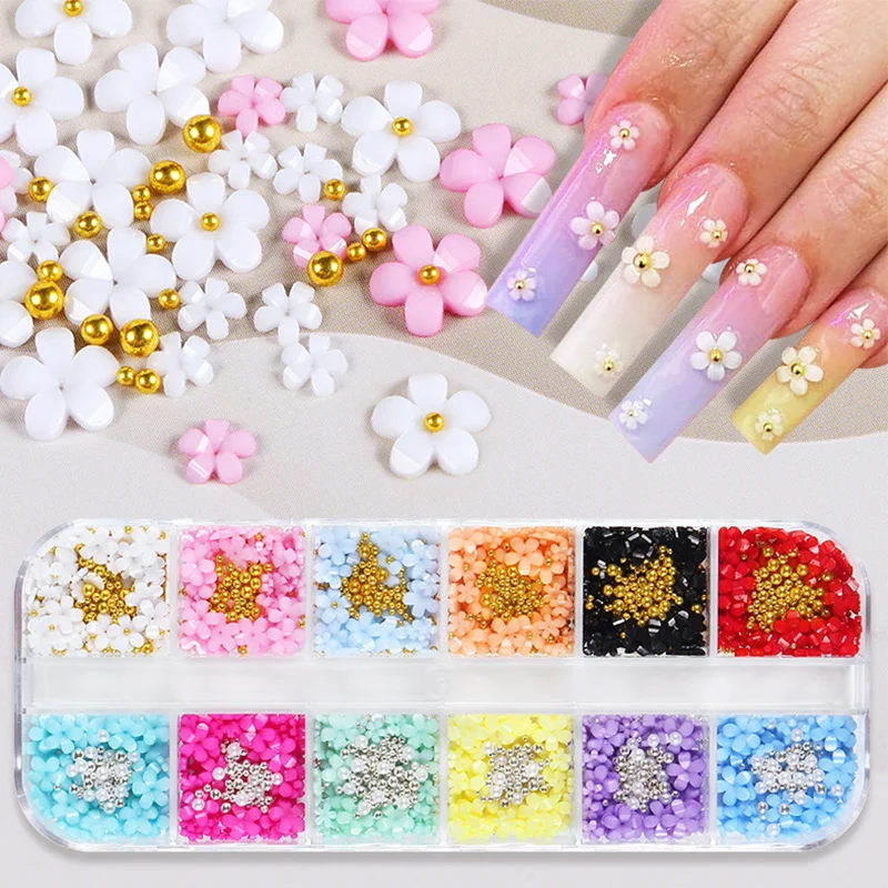 

12 Grids 3D Mixed Resin Flower Nail Charms Multi-colors Acessories With Caviar Beads Diamonds Pearls For Diy Nail Art Decoration