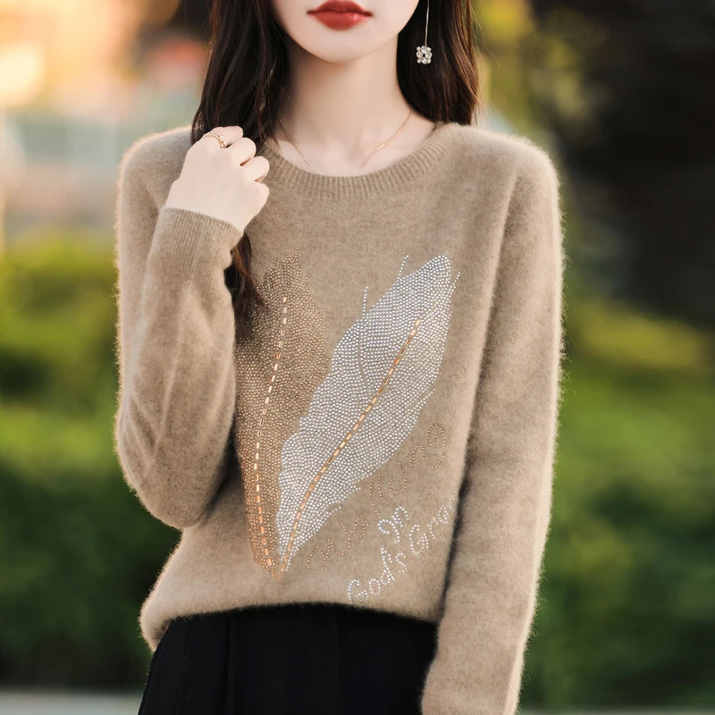 Pull en tricot à col rond pour femme, haut à manches longues, pull chaud, plume et diamants, basique et à la mode, haute commande, automne et hiver