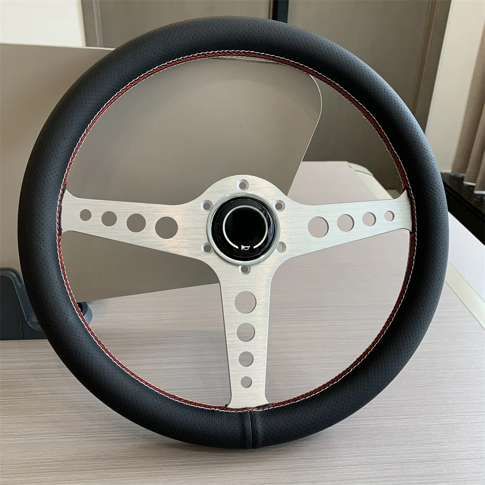 

5mm Round Hole Falt Bracket Universal Racing Steering 350mm Black Microfiber Perforated Leather Steering Wheel for Rallying