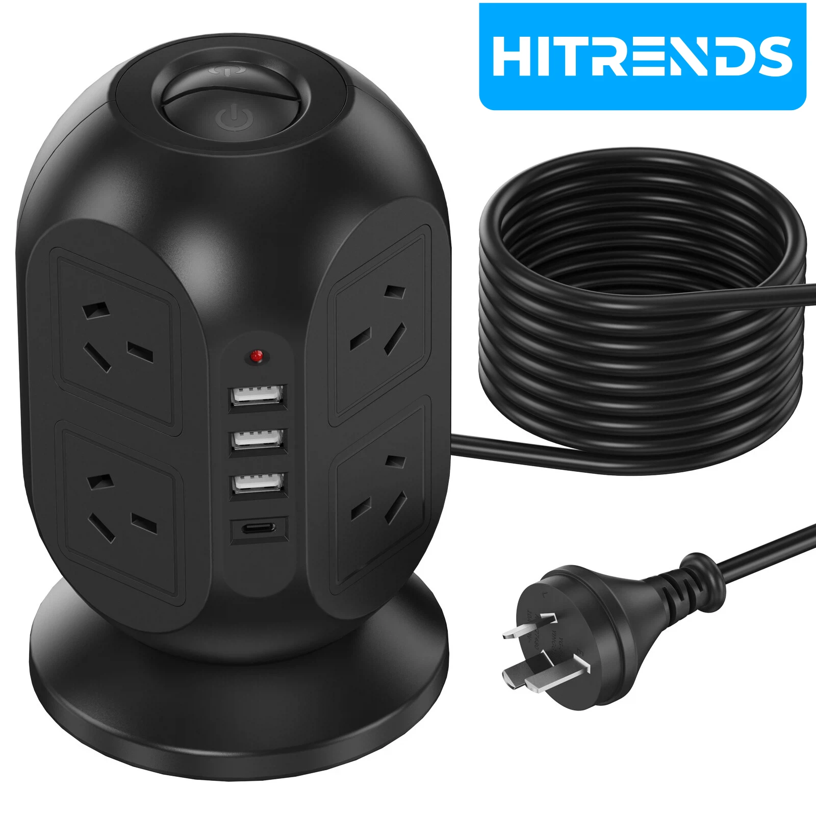 

HITRENDS Board Surge Protector - 8 Outlets, 3 USB-A Ports, 1 USB-C Ports, Surge Protection, 2m Cord, USB Output 5V 2.1A - Black