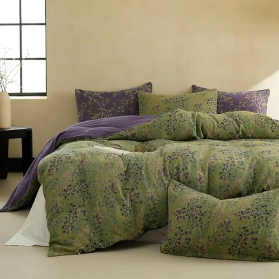

100% Cotton Muslin Duvet Cover Set 3 Pcs Yarn-Dyed Jacquard Textured Reversible Floral Design Soft and Breathable Bedding Set w