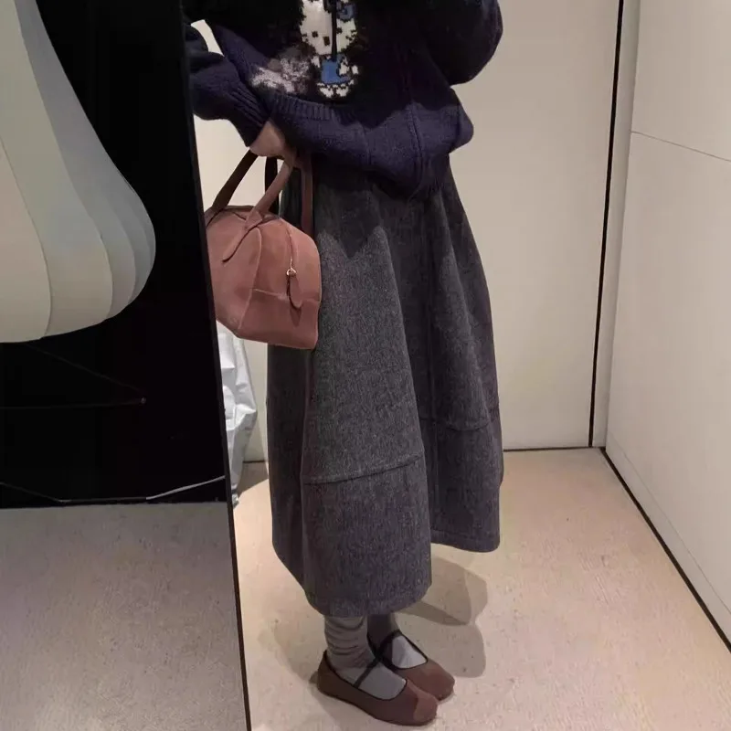 

ay Woolen Midi Pleated Skirt Ele Korean Sle f-length Slim A-line Puffy Skirt Stand Fit Polyester Fiber