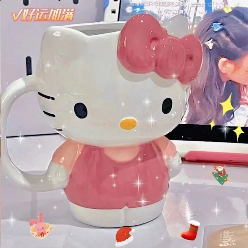 Sanrio-Taza de cerámica de Hello Kitty para niña, taza de té de la mañana Kawaii de dibujos animados, gran capacidad, café, leche, regalo del Día de San Valentín, 400ml