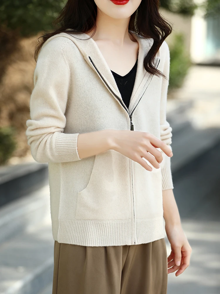 Women Zipper Hoodies Cardigan 100% Merino Wool Sweater Spring Autumn Casual Long Sleeve Solid Cashmere Knitwears Korean Fashion