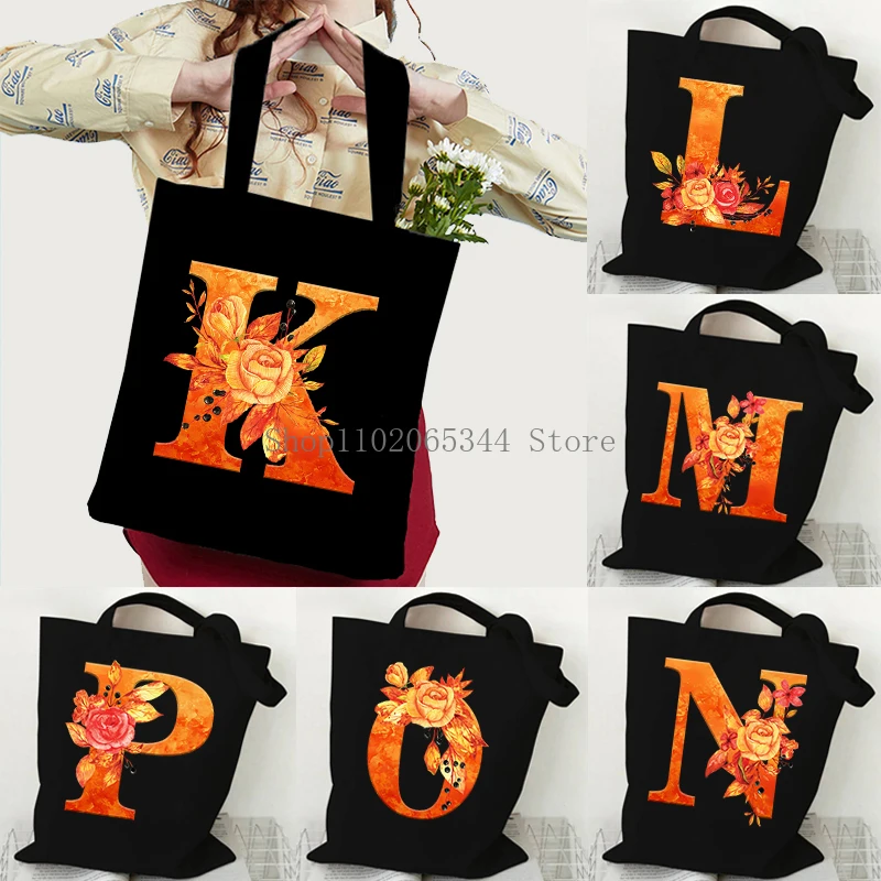 Golden Rose Handbag Women Autumn Style 26 Floral Alphabet A-Z College Canvas Tote Bag Vintage Fashion Flower Ladies Shoulder Bag