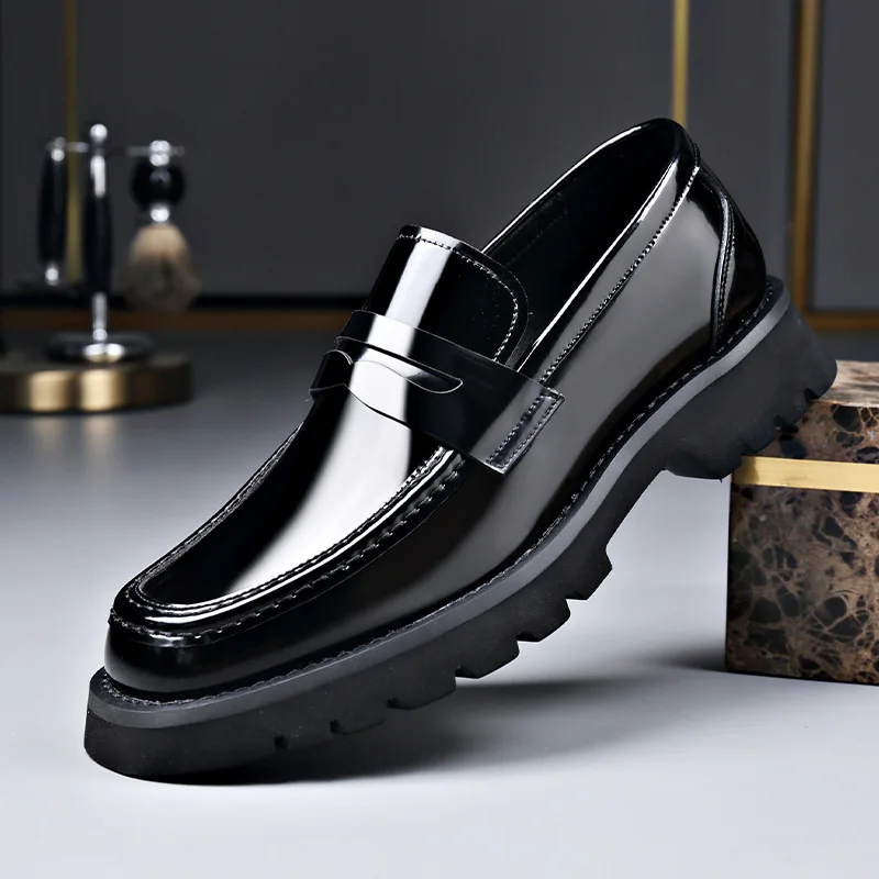 men casual business wedding formal dress shoes slip-on patent leather shoe black stylish platform loafers gentleman footwear man