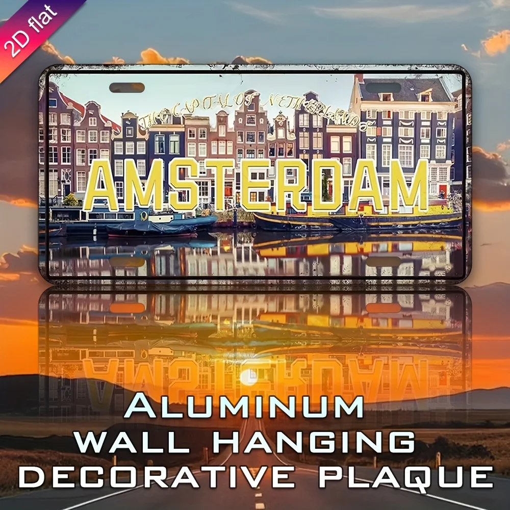 Amsterdam Netherlands License Plate - Heavy-Duty Aluminum Metal Wall Decor with Dutch Architecture Design (Canals & Tulips) - UV