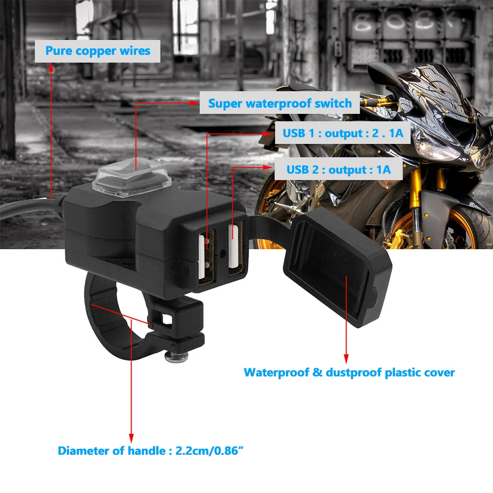 NEW Motorcycle USB Phone Charger, Dual Port USB Motorcycle Power Supply Socket For iPhone Samsung Huawei