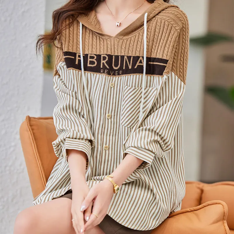 Korean Loose Hooded Striped Blouse Women\'s Clothing Letter Knitted Patchwork 2023 Spring Autumn Casual Drawstring Pockets Shirt