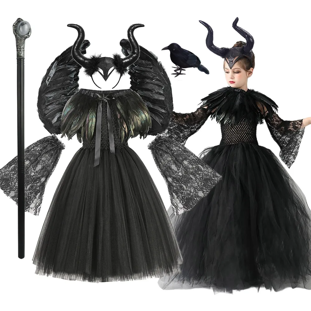 Maleficent Cosplay Gothic Black Tutu Dress with Horn Headband and Wings Girls Halloween Misstress of Evil Villain Costume 2-10Y