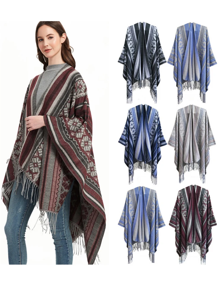 Nova moda cashmere feminino impressão geométrica borla divisão cachecol inverno quente xale longo envoltório feminino confortável boho cobertor grosso