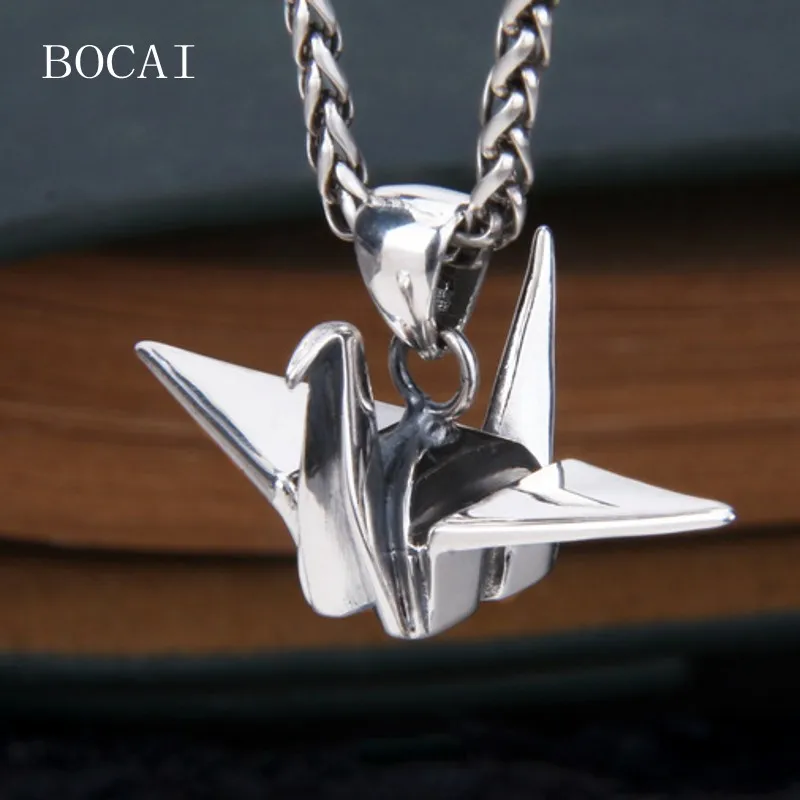 BOCAI New S925 Sterling Silver Personality Simplicity Elegance Cuteness Joker Paper Crane Pendants for Men And Women Wholesale