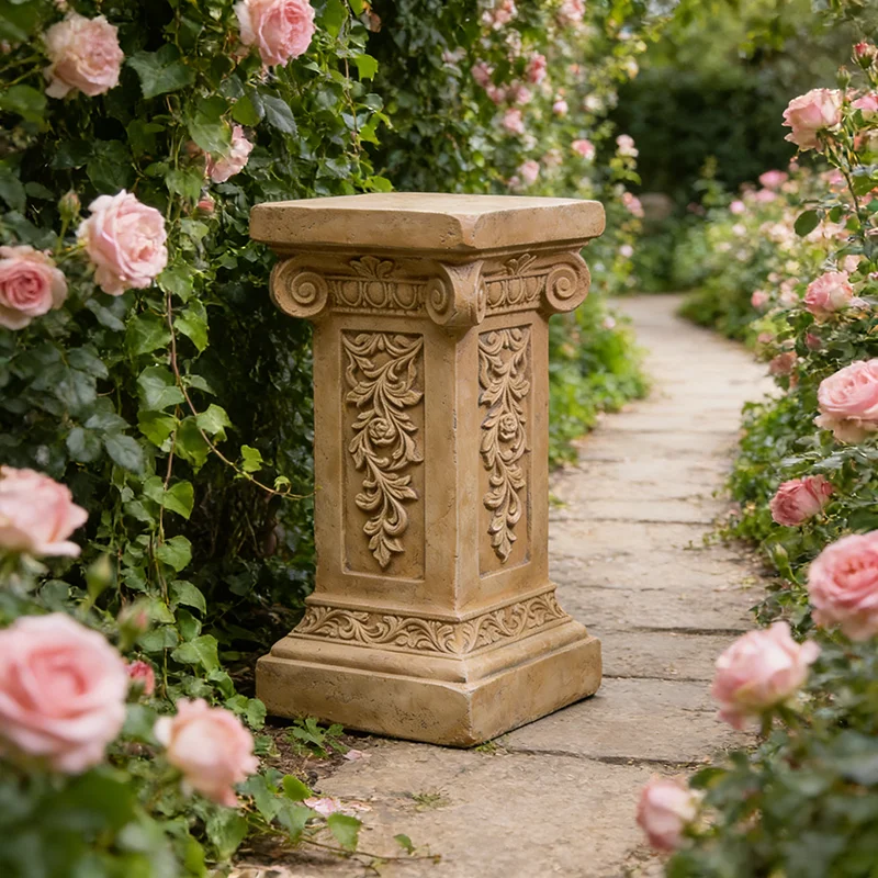 Polyresin Rose Relief Ionic Column Flower Pedestal European-style Handmade Hand-painted Garden Decorative Display