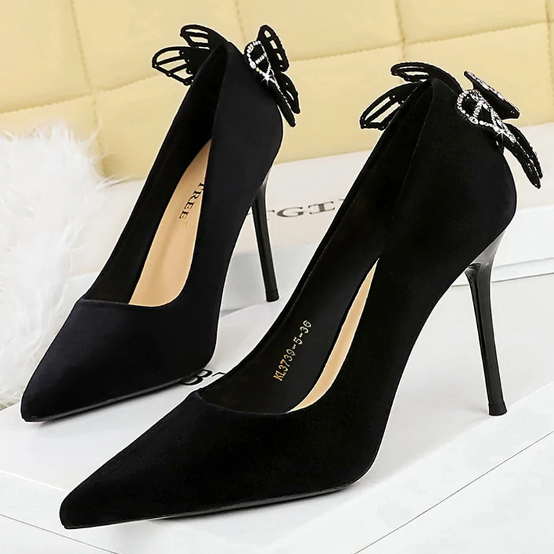 9.5cm Pointed Tip Suede Women High Heels Bowknot Rhinestone Wedding High Heels Sexy Elegant Banquet Stilettos Women Shoe Tacones