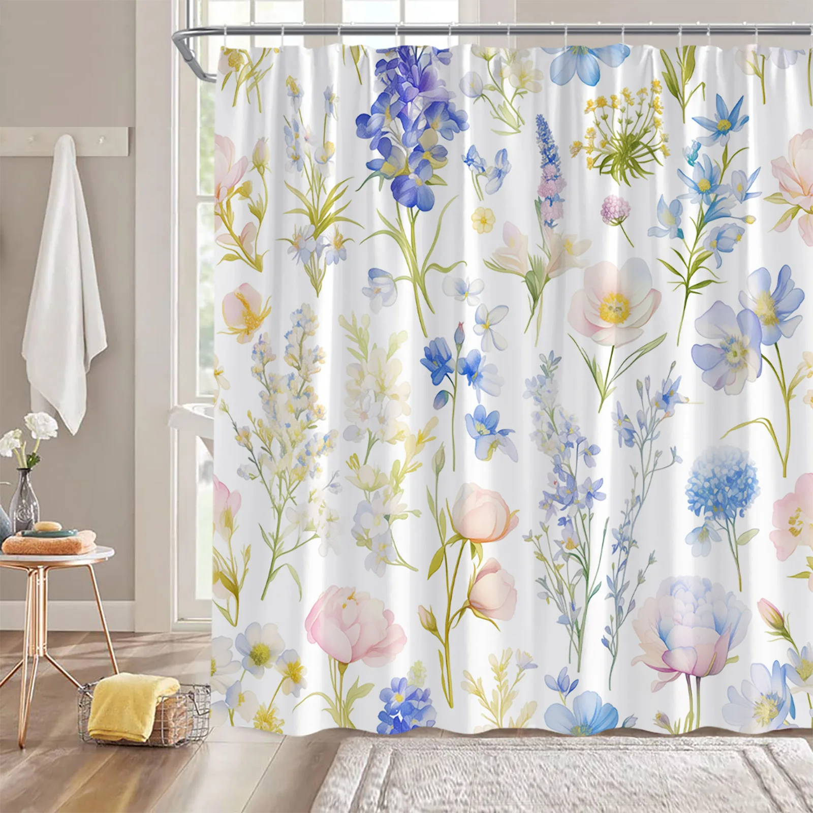 Flowers Plants Shower Curtains Heart-shaped Leaves Autumn Bathroom Decorations Leaf Floral Modern Bathtub Curtain with Hooks