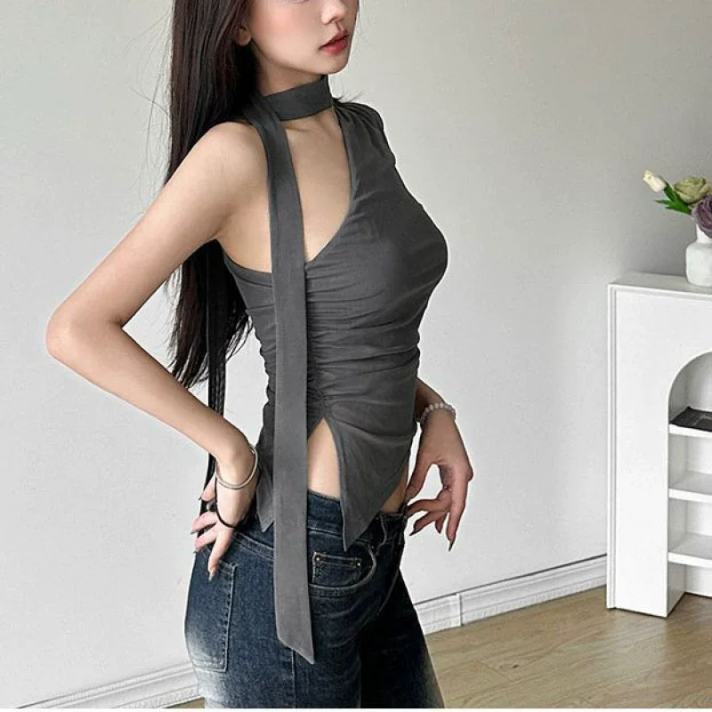 Women's Halter Neck Sleeveless Top Gray Sheer Fabric Ruched Asymmetrical Hem Tie Detail Casual Blouse