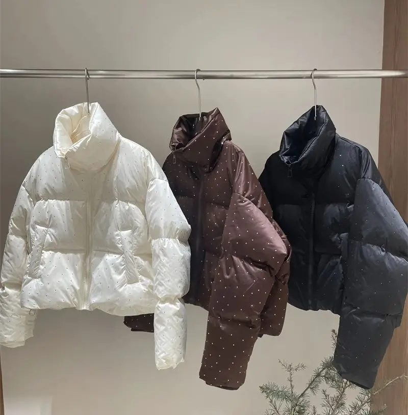 ZAROY Women's Thick Warm Cotton Jacket With Rhinestones Winter Casual Stand Collar Zipper Pocket Down Coat Puffer куртка