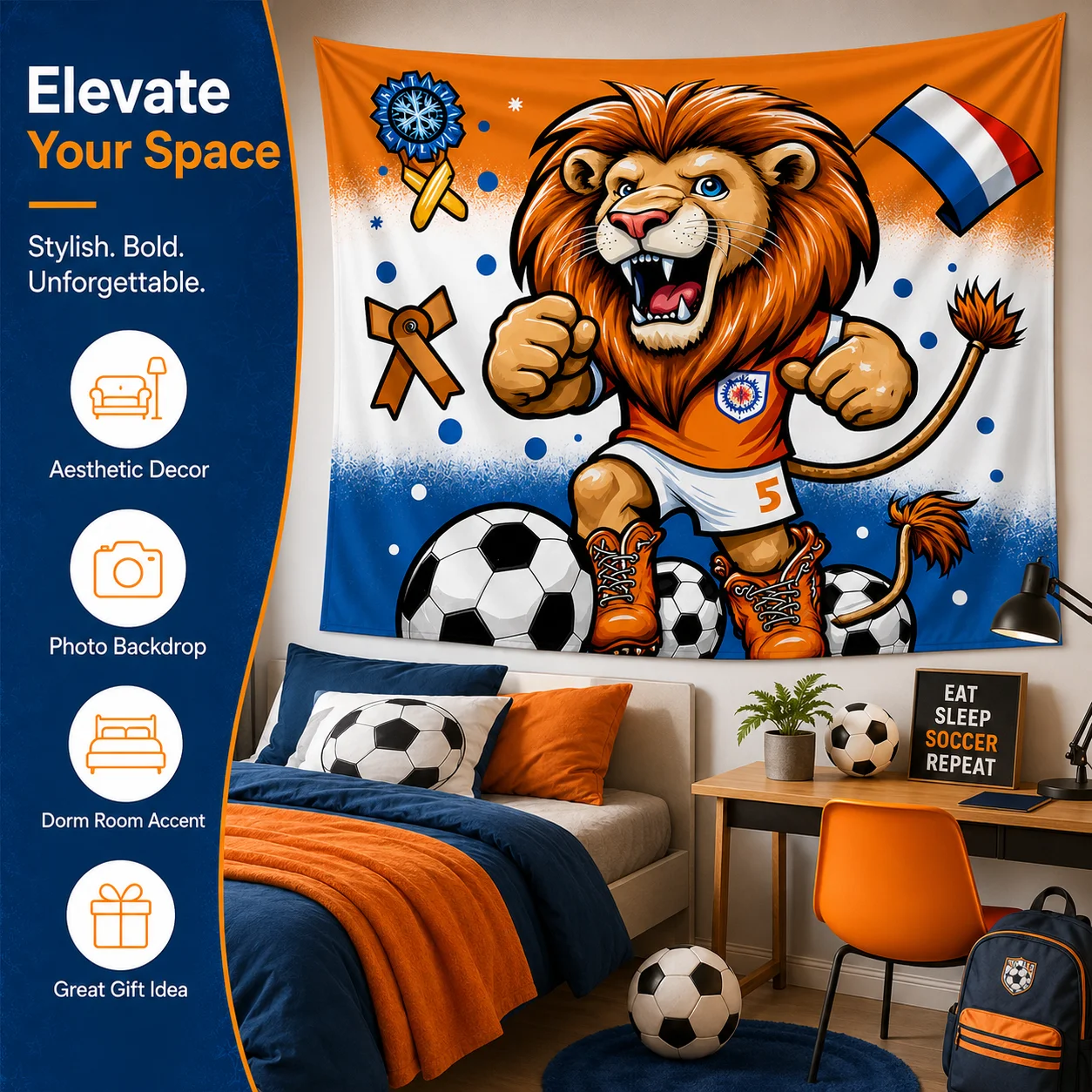 2026 World Soccer Tournament Tapestry Flat Print Netherlands Dutch Flag Orange Lion Mascot Wall Hanging Watch Party Decor