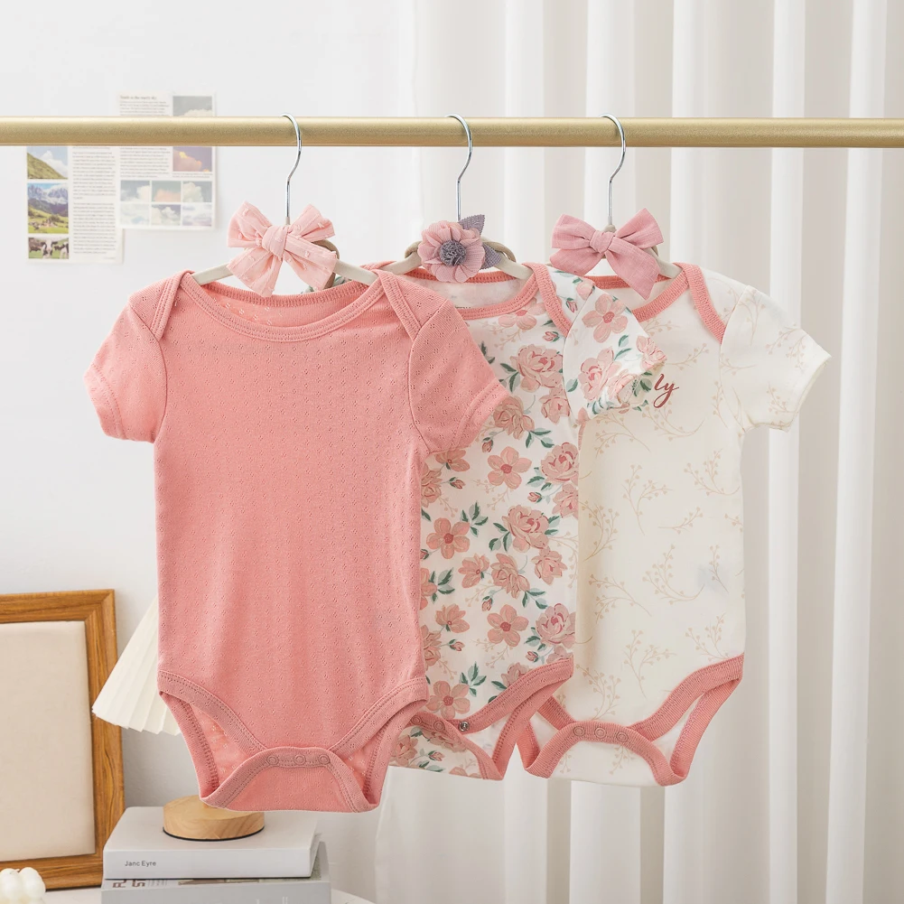 6Pcs Baby Rompers with Headbands Set Short Sleeve Cotton Flower Gingham Plaid Print Bodysuits Infant Clothing Clothes