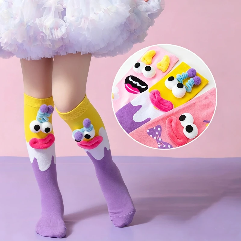 Spring Fall Cute Little Girls Cartoon Funny Monster Braid Decor Stockings Comfort Stretch Skin‑Friendly Children Knee High Socks