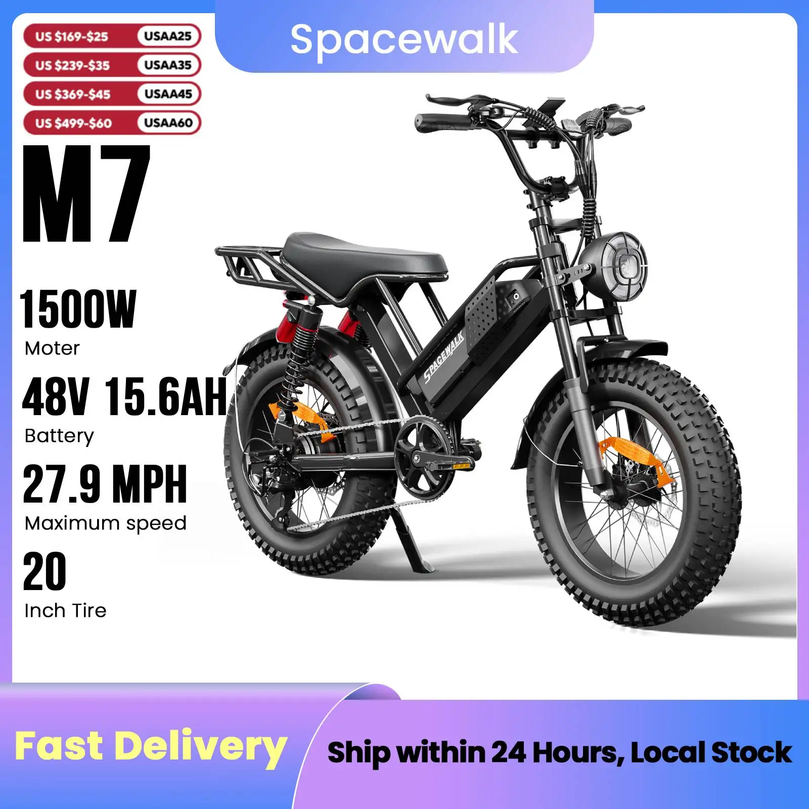 

Spacewalk 1500W M7 Electric Bike for Adults,27.9MPH 70Miles,48V 15.6Ah Electric Dirt Bike,20" Fat Tire,7-Speed All Terrain EBike