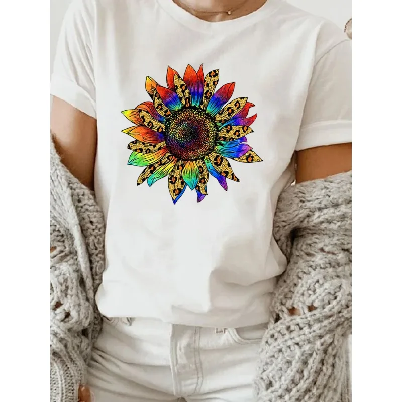 European T-shirt Short-sleeved Printed Female Summer Sun Flower Short-sleeved Sunflower Pattern T-shirt Woman Women Clothes