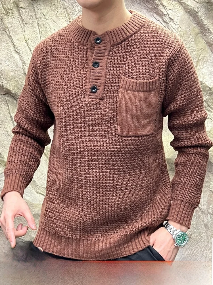 

American Lazy Sle Thi Knitted Sweater Henry Collar Loose Fit Men's Autumn Winter Warm Polyester Long Sve Knitwear