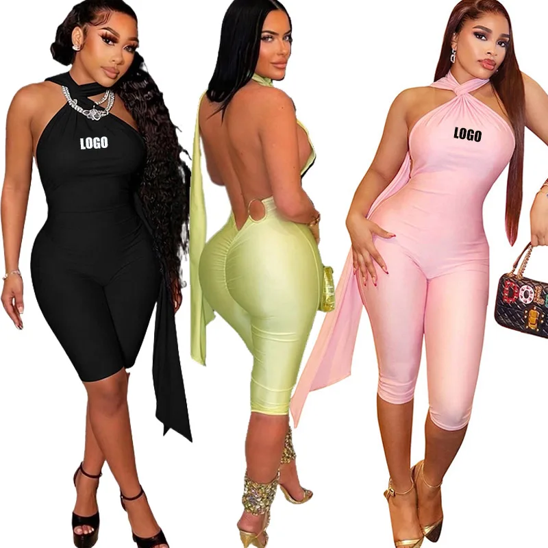 Custom LOGO women's European American style summer sexy spice girl style neck-hanging streamer big backless seven-point jumpsuit