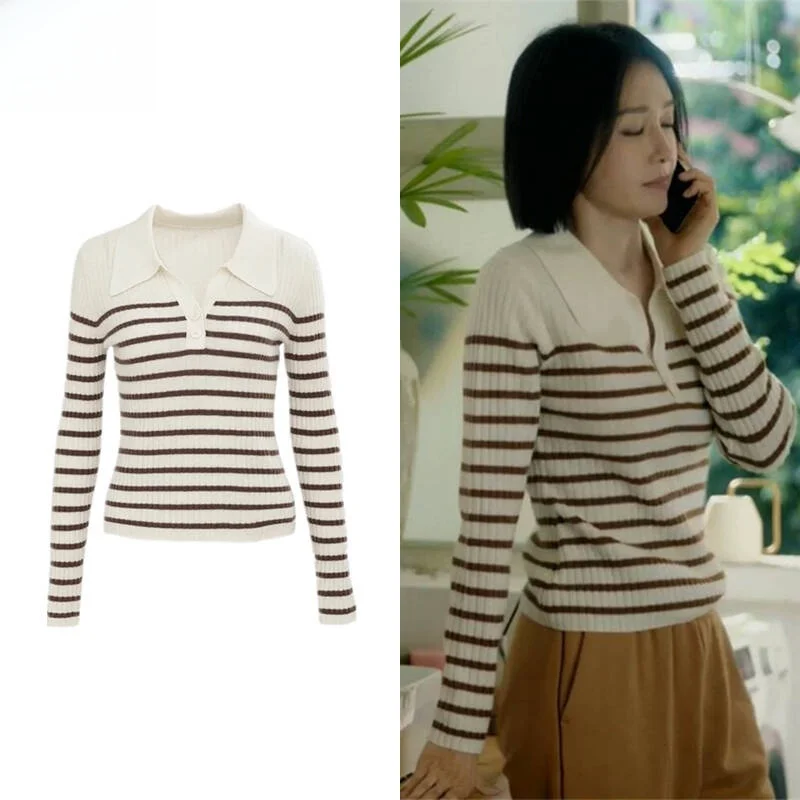 

Облегающий полосатый вязаный женский повседневный мягкий вязаный свитер ort Length Long Sve с отложным воротником, повседневная одежда