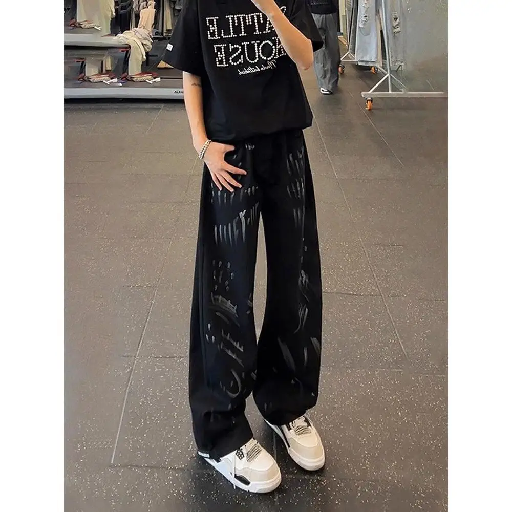 

Black White Graffiti Dyeing Knife Jeans Men's Handsome Slimming Loose Straight Wide Leg Pants Casual Cotton Polyester
